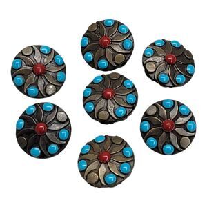 7 Vintage Southwestern Concho Slider Beads Turquoise Red Faux Stone Spacers